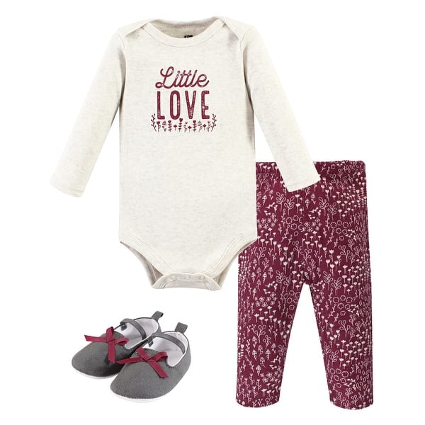 slide 1 of 1, Hudson Baby Infant Girl Cotton Long-Sleeve Bodysuit, Pant and Shoe Set, Little Love Flowers 0-3 Months - Little Love Flowers Long Sleeve
