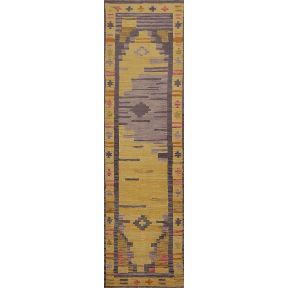 Hand Woven Oriental 100% Wool Carpet Southwestern Tribal Yellow & Gold Kilim Runner Rug - 11' 10'' X 2' 7''