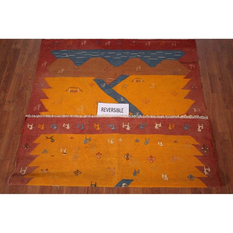 Vegetable Dye Kilim Qashqai Persian Vintage Rug Flatweave Wool Carpet - 4'8" X 6'4"