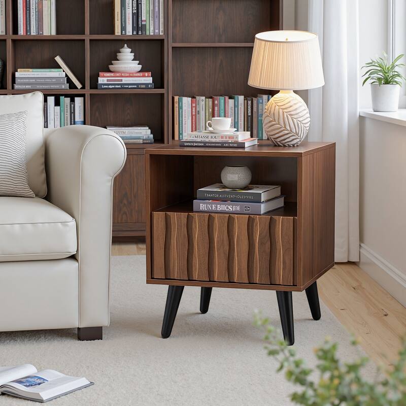 Mid-Century Modern Nightstand, Fluted End Table Drawer & Open Storage