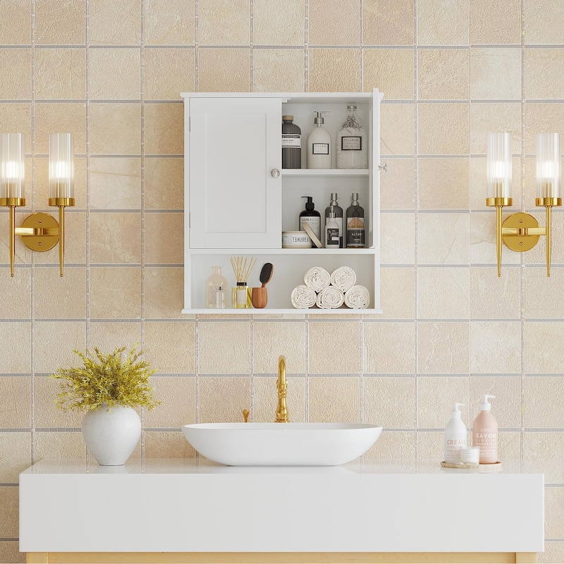 Bathroom Wall Cabinet with Door, Over Toilet Storage Cabinet with and Adjustable Shelves, 3-Tier Medicine Cabinet Wall Mounted