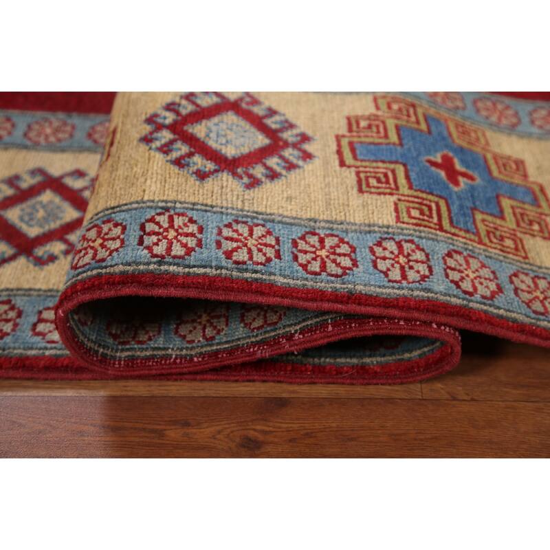 Hand Knotted Oriental 100% Wool Carpet Traditional Geometric Red Kazak Area Rug - 9' 8'' X 6' 7''