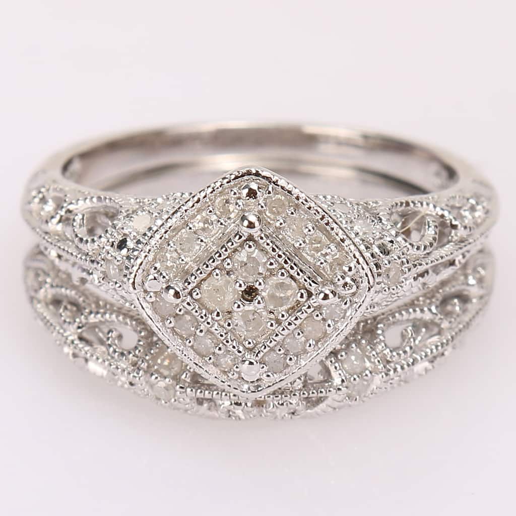 Miadora Sterling Silver 1/5ct TDW Diamond Vintage Bridal Ring Set
