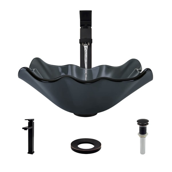 Rene R5-5012-R9-7003 17" Glass Vessel Bathroom Sink with Vessel Faucet, Sink Ring, and Vessel Pop-Up Drain