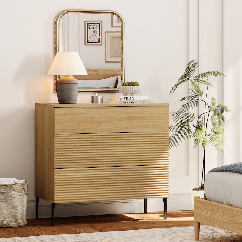 Modern Wood 3-Drawer Dresser With Reeded Design, Minimalist Dresser Organizer Storage