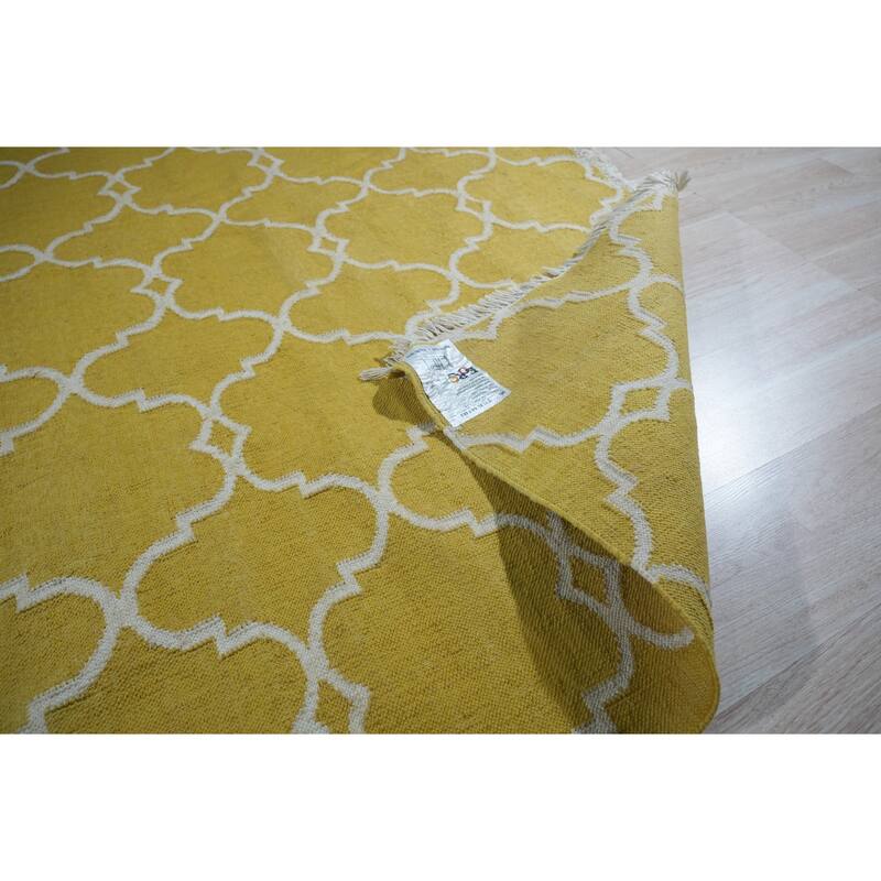Handmade Polyester Yellow Transitional Trellis Reversible Moroccan Outdoor Rug - 5' x 8'