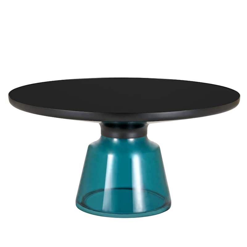 30-Inch Round Coffee Table Glass/Stone Tabletop with Black Iron Rim Frame Glass Pedestal Base