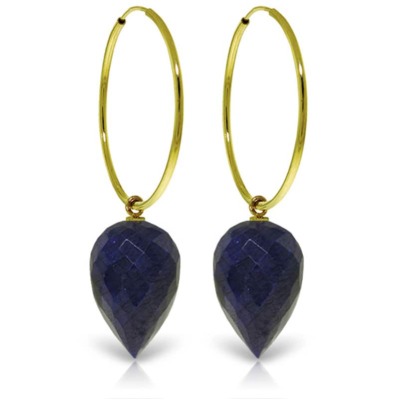 14K Solid Gold Hoop Earrings w/ Pointy Briolette Drop Dyed Sapphires - Yellow