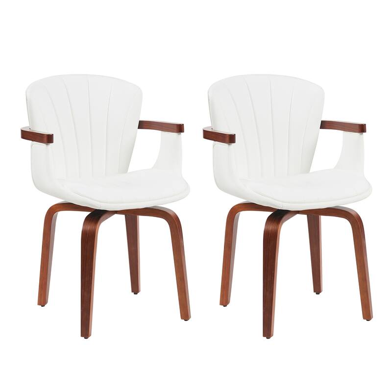 Mid-Century Modern Bentwood Swivel Dining Chairs (Set of 2) - Heat-Pressed PU Leather Accent Chairs - White+Walnut