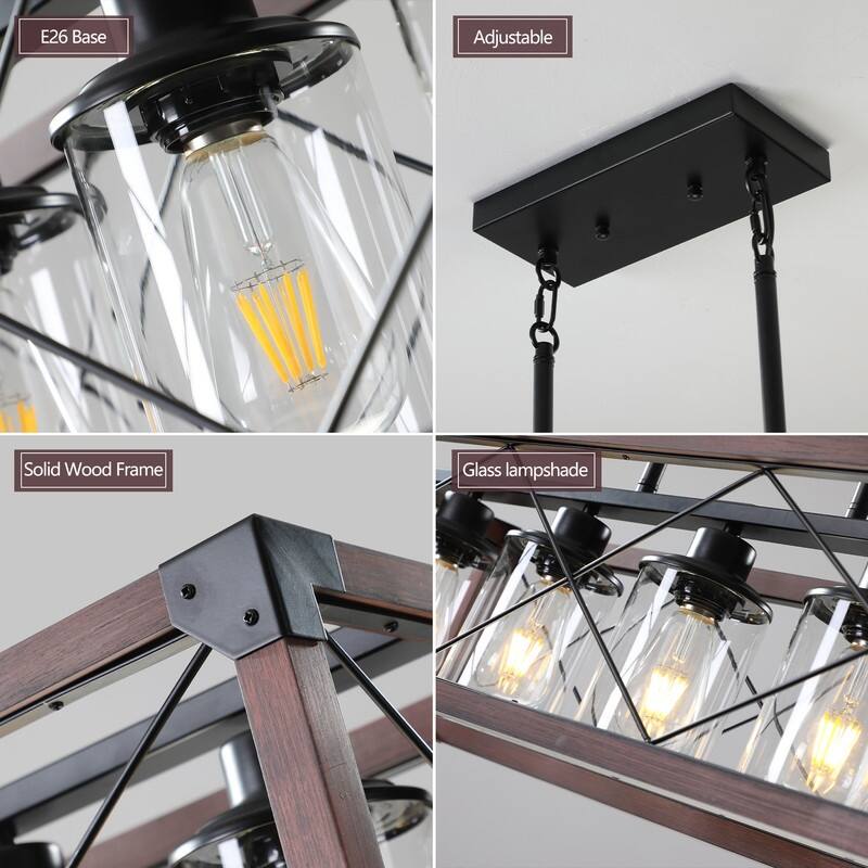 32-Inch Industrial Farmhouse Pendant Light in Red Wood - Five-Light Rectangular Chandelier with Fabric Lampshades(No Bulbs)