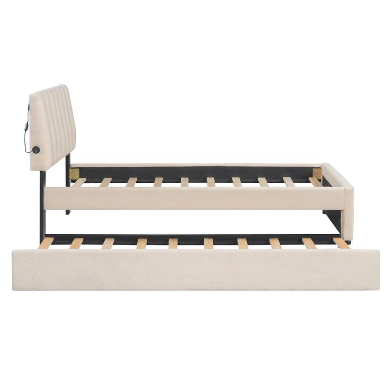 Cozy Twin Upholstered Platform Bed with LED Lights, Stripe Headboard, and Trundle for Extra Sleeping Space