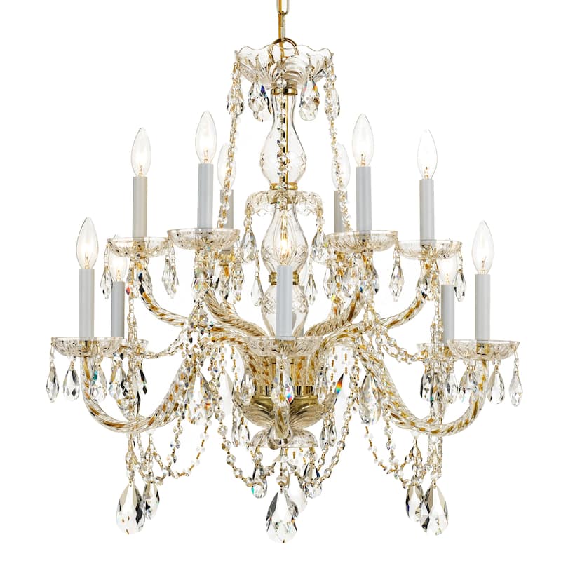 Traditional Crystal 12 Light Swarovski Strass Crystal Brass Chandelier - 31'' W x 26'' H - 31'' W x 26'' H