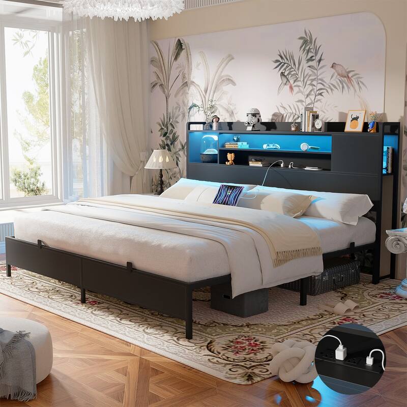 Platform Bed Frame with Reversible Storage Bookcase Headboard and Charging Station and RGB LED Lights