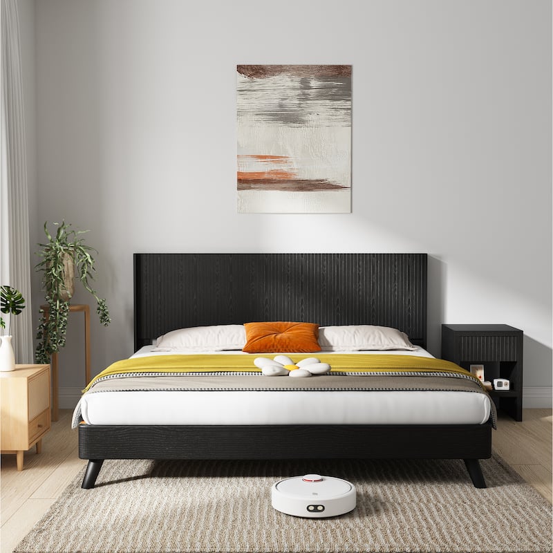 Queen Size Wood Headboard, Modern Farmhouse Design, Wall Mounted Fluted Panel, Black Oak Finish