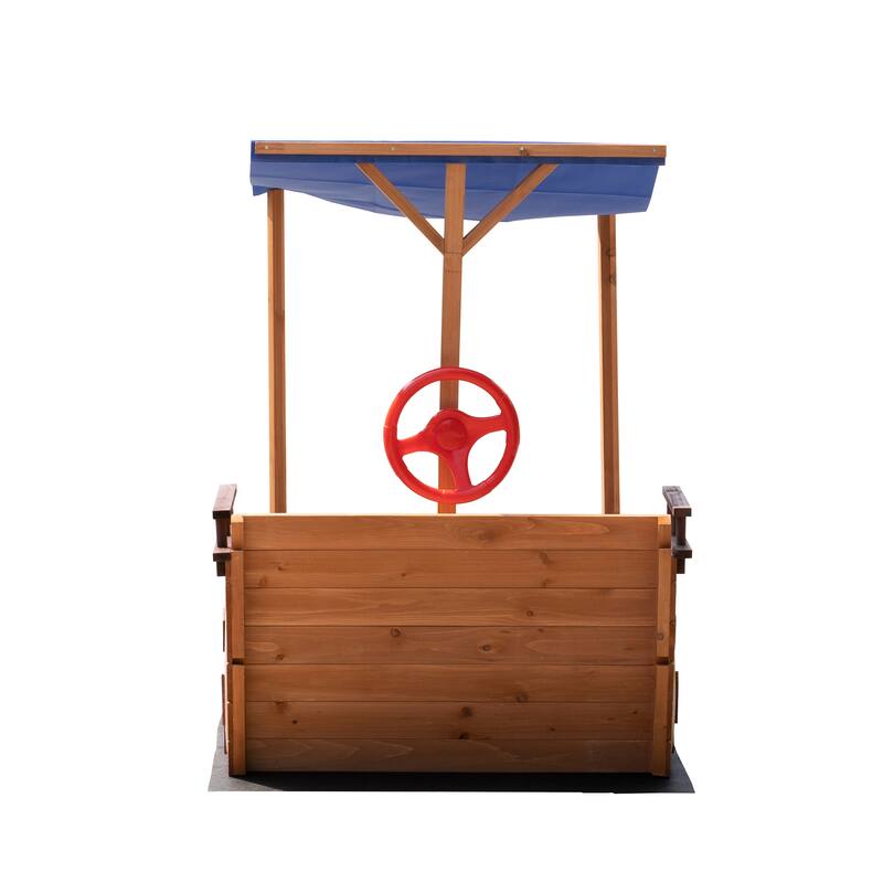 Outsunny Pirate Ship Sandbox with Cover and Rudder, Wooden Sandbox with Storage Bench and Seat, Outdoor Toy for 3-8 Years Old