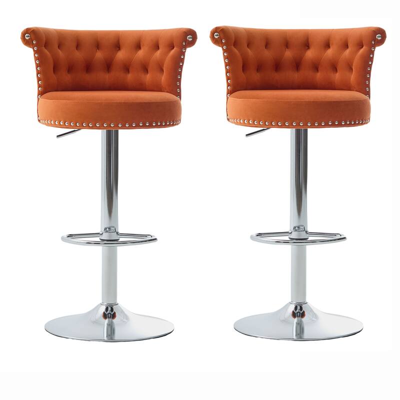 Adjustable Velvet Swivel Bar Stools with Metal Leg (Set of 2) - Orange