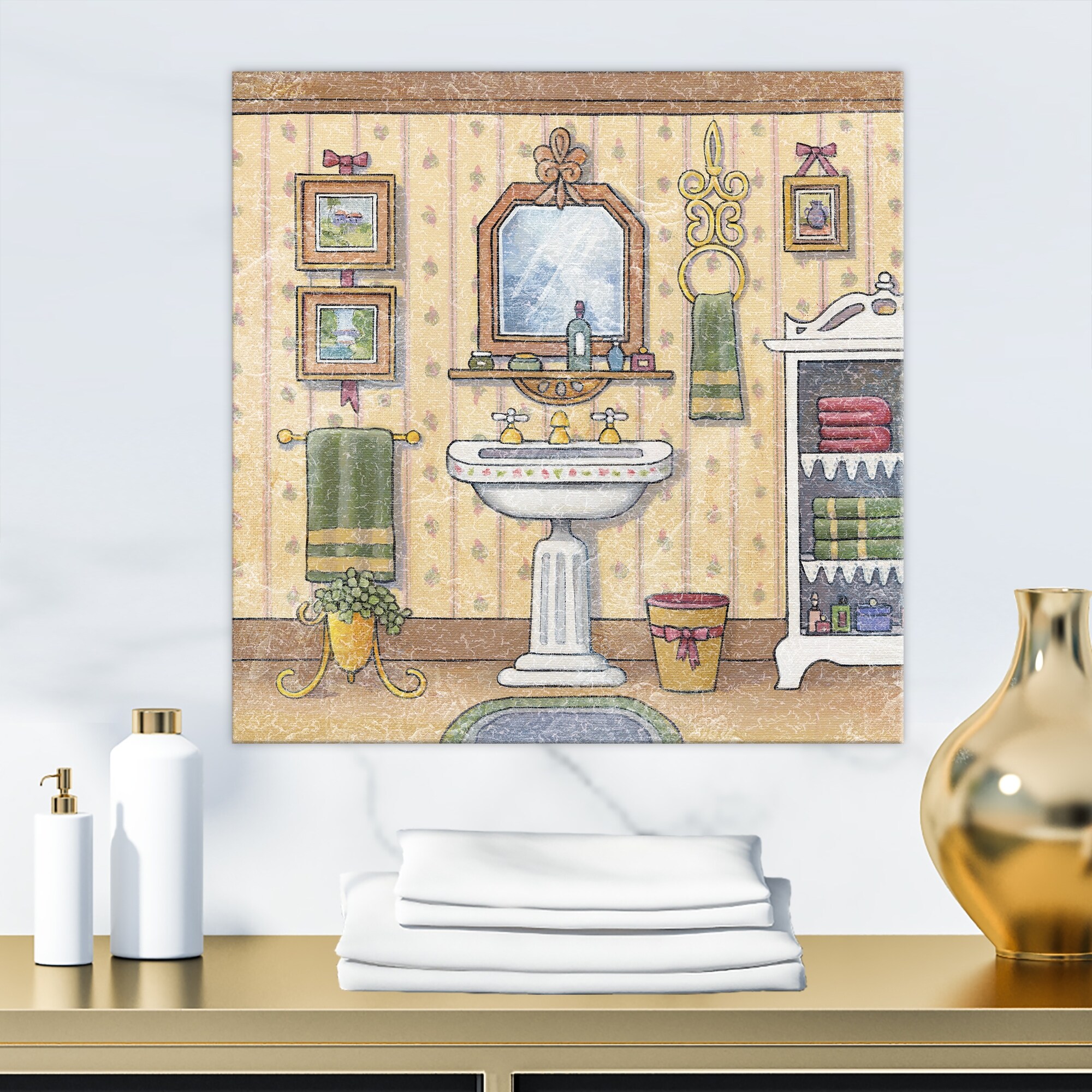 Shop Designart Pedestal Sink In Ornamental Bathroom Vintage Canvas Artwork Overstock 27777419