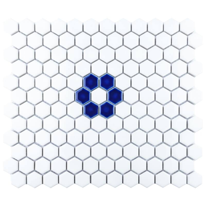 Merola Tile Metro Ion 1" Hex Sapphire Single Flower w/ Glossy White 10-1/4" x 11-7/8" Porcelain Floor and Wall Tile