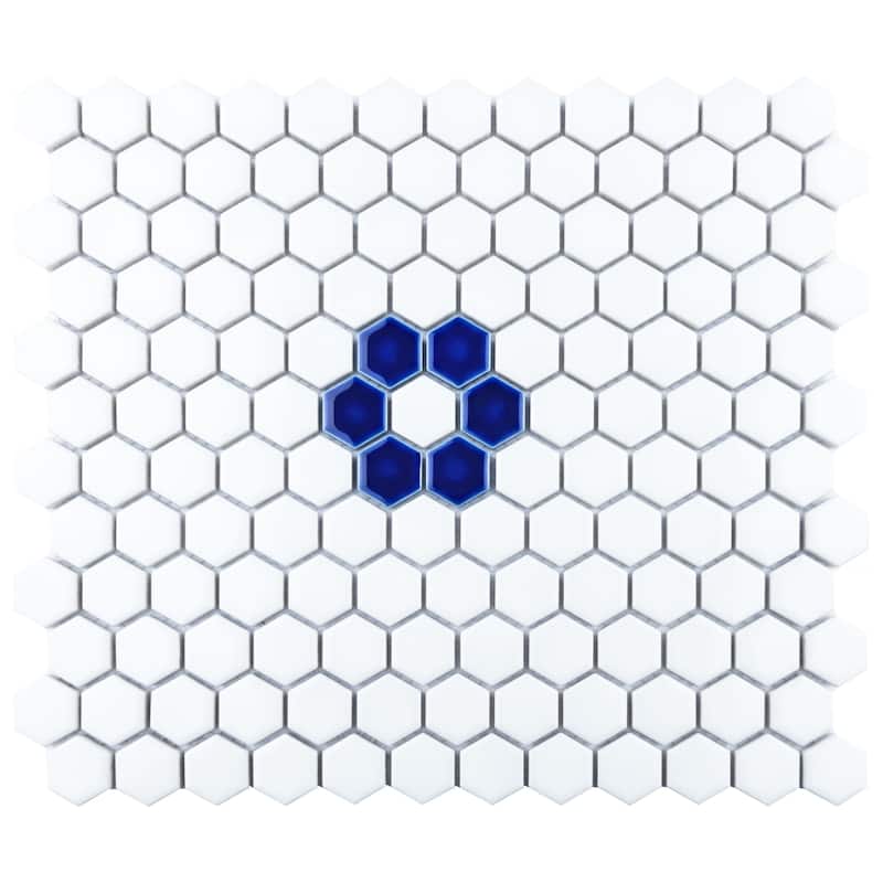 Merola Tile Metro Ion 1" Hex Sapphire Single Flower w/Glossy White Porcelain Mosaic Floor & Wall Tile