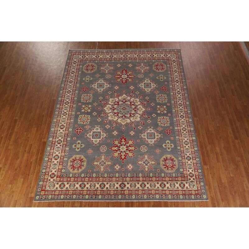 Hand Knotted Oriental 100% Wool Carpet Traditional Geometric Greys & Charcoal Kazak Area Rug - 11' 11'' X 9' 0''