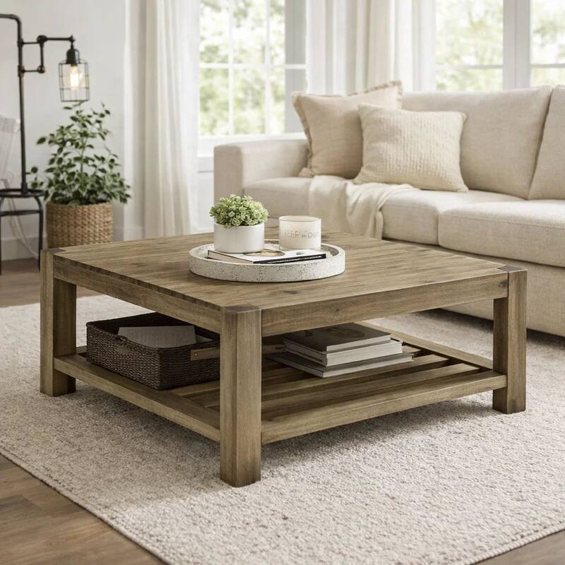 Cyon 42 Inch Square Coffee Table, Washed Gray and Brown Wood, Open Shelf