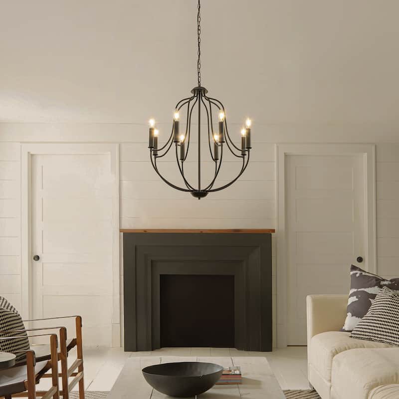 26'' 8-Light Modern Matt Black Classic Candelabra Chandelier Farmhouse Candle Pendant Light For Living Room Dining Room - W26'' - Matte Black