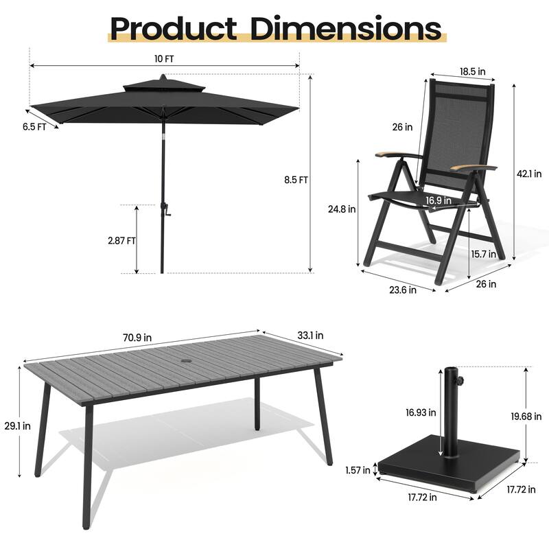 11PC Outdoor Patio Dining Set Aluminum Table with Folding Armchairs w/ Market Umbrella Sets