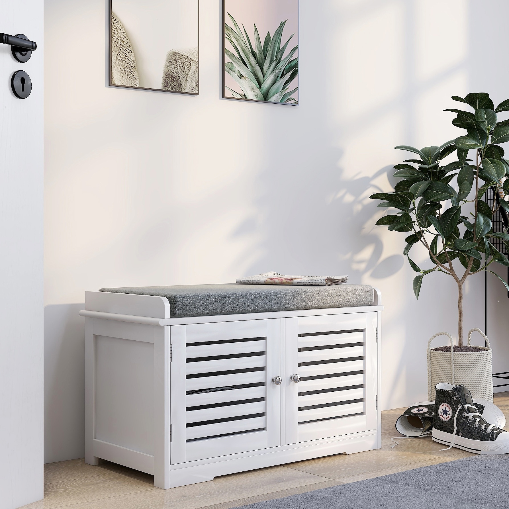 White Shoe Bench Entryway Bench with Padded Seat, Hallway Bench Ottoman Bench Footrest with 2 Barn Doors