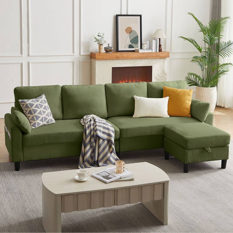 100.79" Corduroy L shaped Pillow Top Arm Sofa With Storage Bag