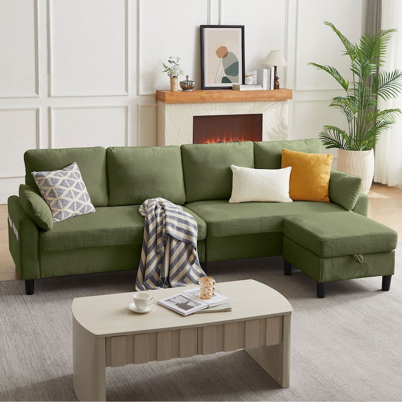 101'' Corduroy Upholstered Sectional Sofa With Storage Ottoman