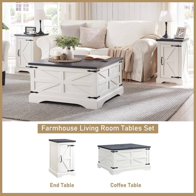 Farmhouse Nightstand with Charging Station, Wood Rectangular End Table
