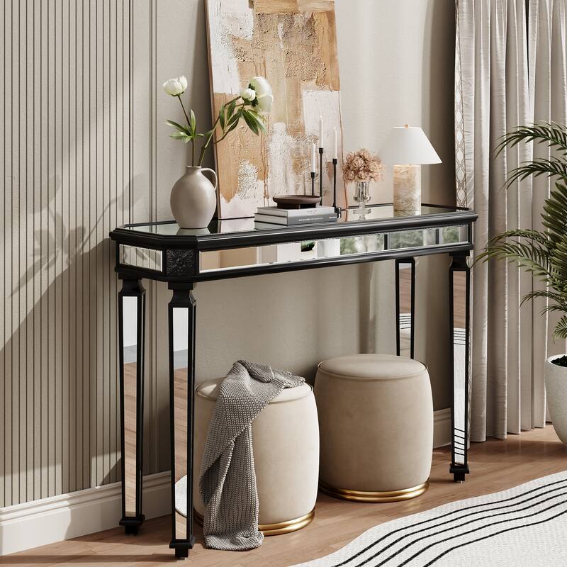Roomfitters 48" Mirrored Console Table, Carved Wood Entryway Sofa Table with Silver Glass & Black Finish
