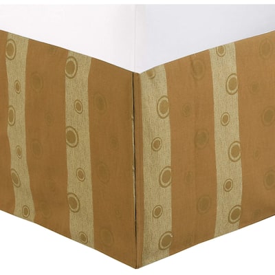 Light Brown Tan Striped Circle Pattern Bed Skirt Cotton Twill Pleated Dust Ruffle with Split Corners, Tailored 16" Drop