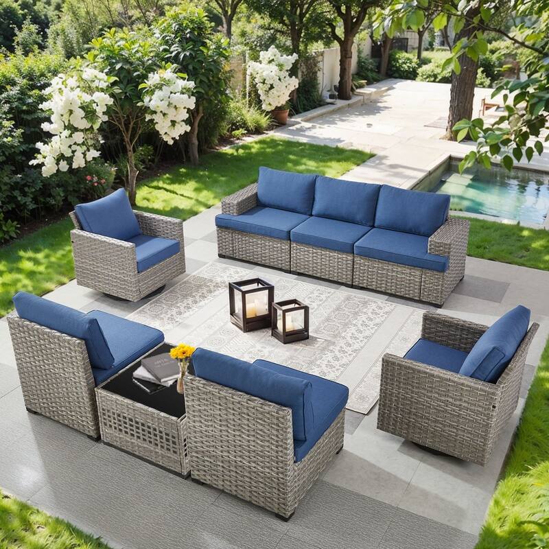 Pocassy Wicker Rattan Outdoor Sectional Sofa Patio Conversation Set - Blue Cushion - Combination 8 - Sofa with Swivel Chairs Table