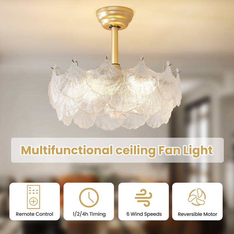20" Modern Glass Chandelier with Shell Ceiling Fan with Remote Control, Caged with 6 Speeds for Bedroom, Nursery, Living Room