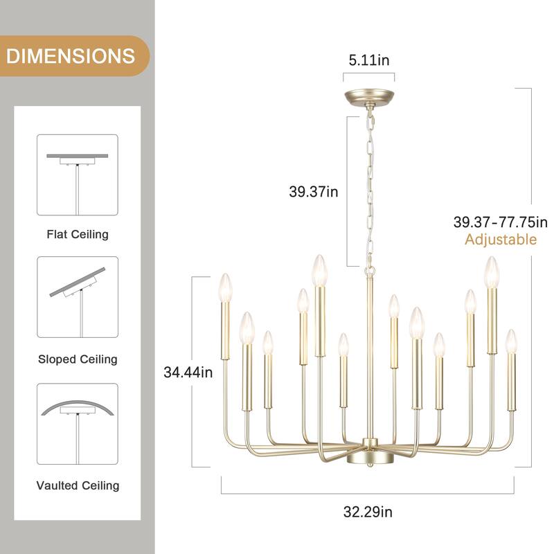 12-Light Rustic Candle Style Hanging Linear Chandelier Lighting for Kitchen Island