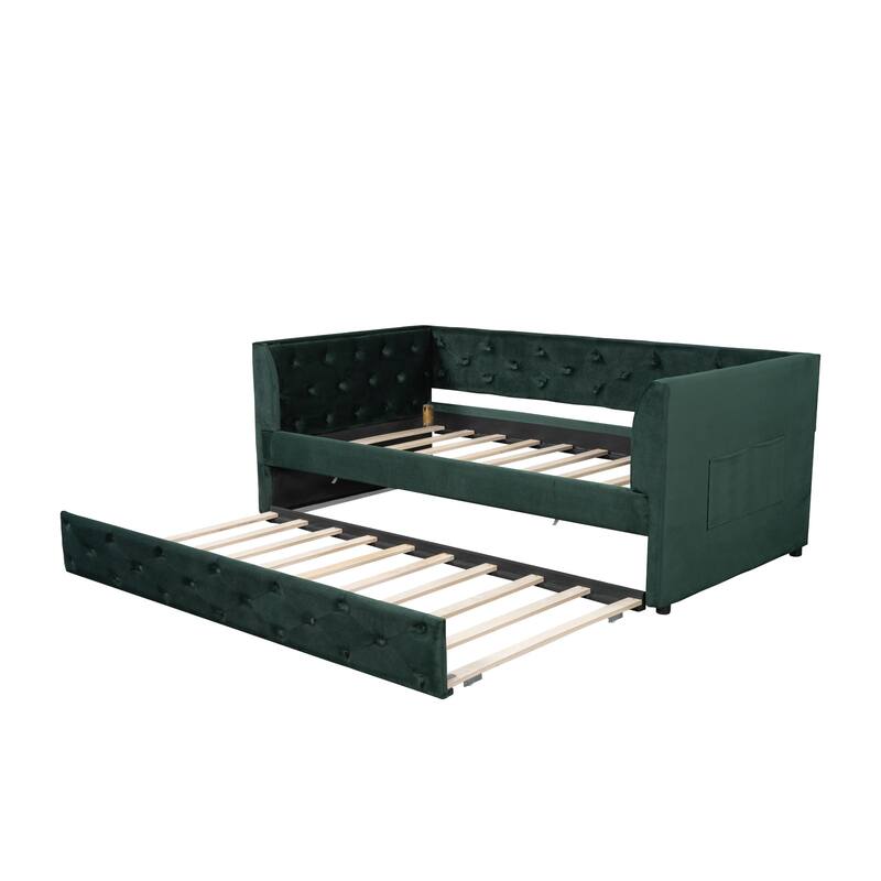 Upholstered Velvet Bed Frame, Twin Size Tufted Daybed with Side Storage Bag, Pull-out Trundle and Button Backrest Headboard
