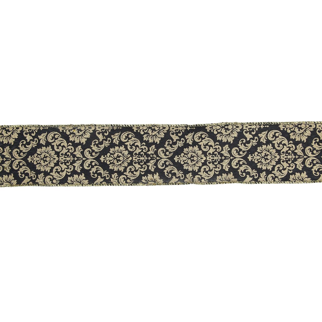 Black and Gold Damask Christmas Wired Craft Ribbon 2.5" x 16 Yards
