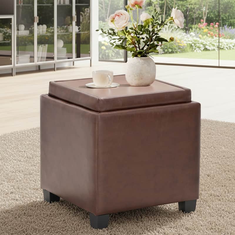 RENEWLINE ​18" Square Storage Ottoman with Tray - 250LBS Weight Capacity, Leather Upholstered Footstool for Living Room