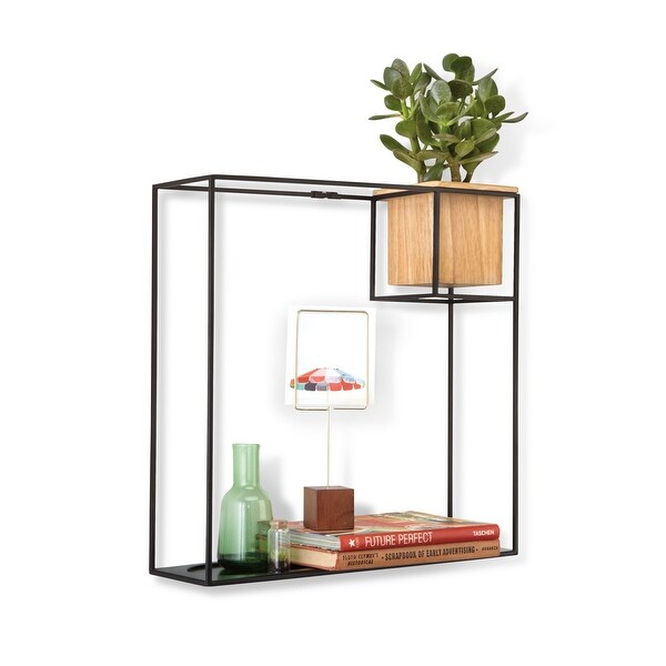 Umbra 470754 Cubist 15" Tall Steel Wall Shelf with Beech Wood Planter by Erika Kovesdi - Natural / Black
