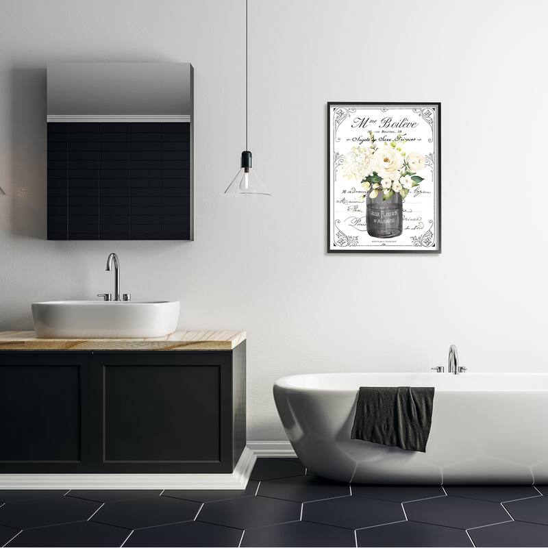 Stupell Vintage Parisian Bathroom Floral Bouquet White Flowers Framed Wall Art