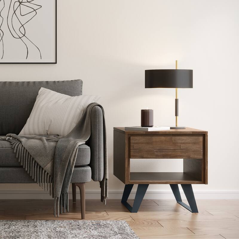 WYNDENHALL Mitchell SOLID WOOD / Metal 22 inch wide Square Modern Industrial End Table - 22 W x 22 D x 22 H - Rustic Natural Aged Brown