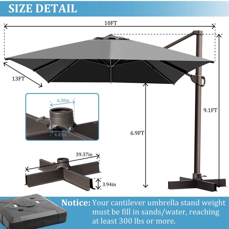 VredHom 10X13 FT Patio Outdoor Cantilever-Offset Umbrella with Base Stand