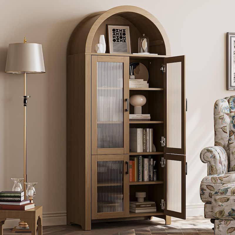 71" Tall Arched Cabinet with Glass Doors, Modern Farmhouse Arched Bookcase Storage with Shelves, Pantry Cabinet