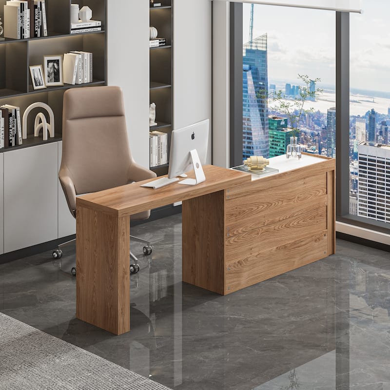 Versatile L-Shaped Desk and Vanity - White & Light Walnut Bedroom Desk