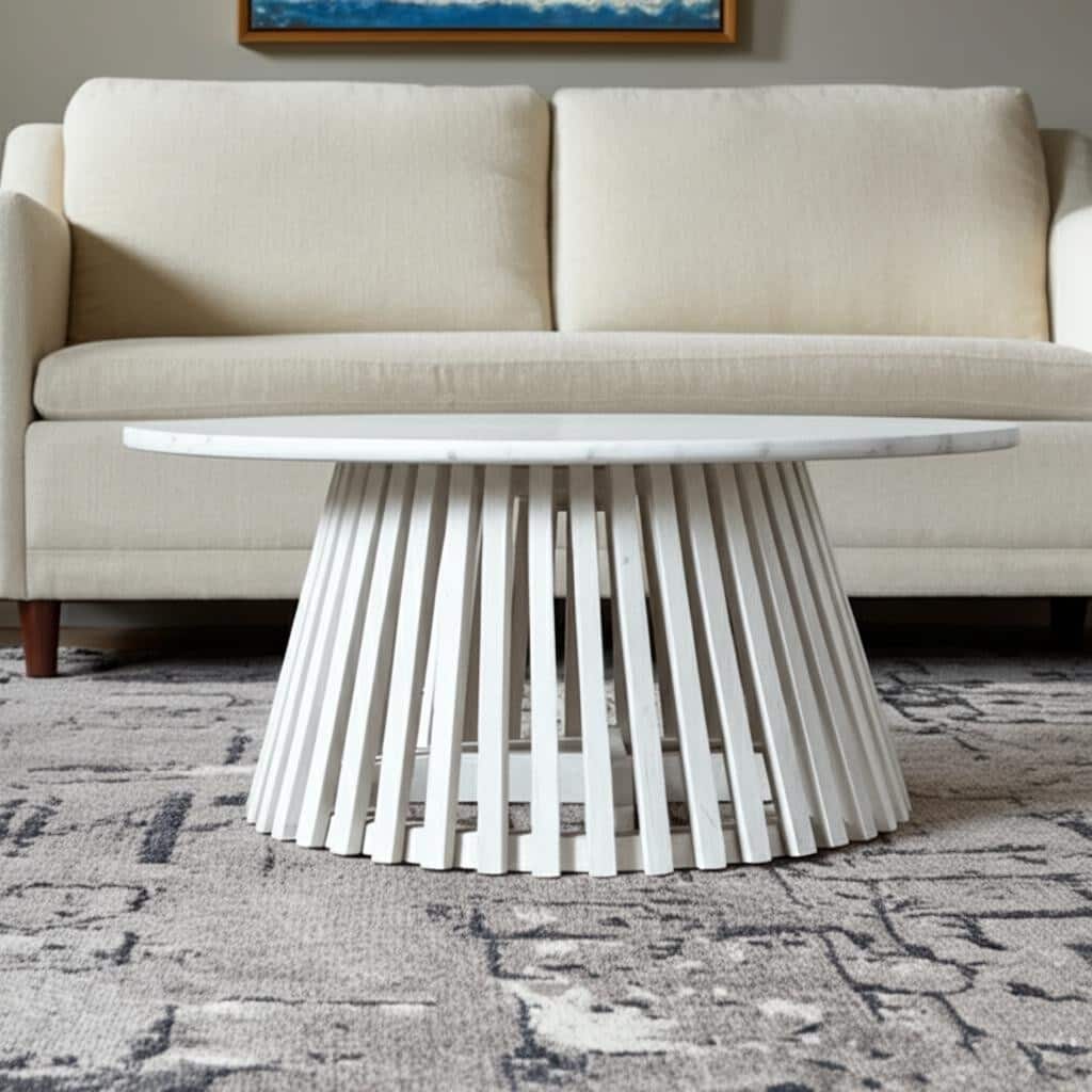 HomeRoots 32" White and Natural Genuine Marble and Solid Wood Round Drum Coffee Table - 32.00 in. x 15.00 in. x 32.00 in.