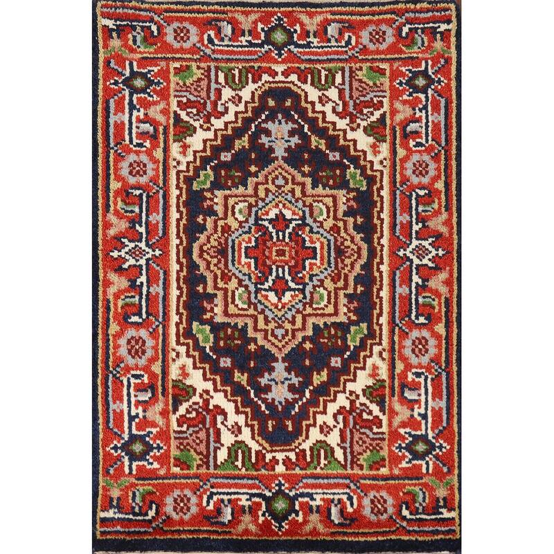Hand Knotted Oriental 100% Wool Carpet Traditional Medallion Navy Blue & Blues Heriz (serapi) Area Rug - 3' 0'' X 2' 0''