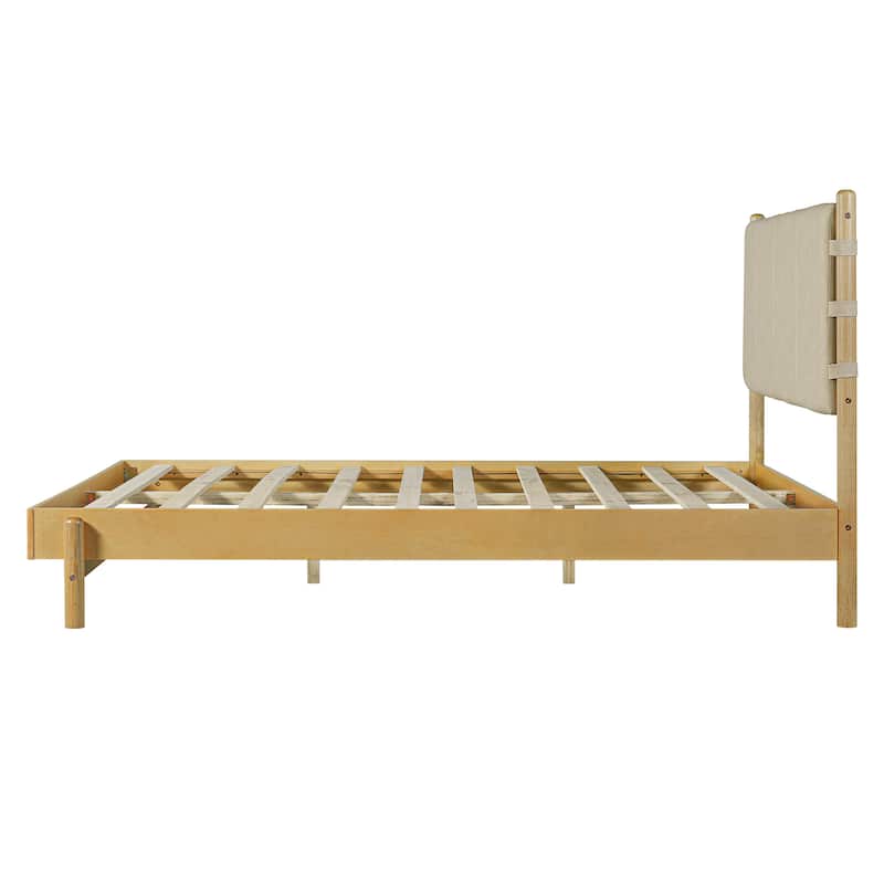Low-Profile Platform Bed Frame with Upholstered Panel Headboard Wood Slat Supports and Center Support Legs for Bedroom Apartment