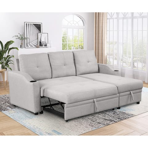 Pull Out Upholstered Sofa Bed with Storage Chaise and Cup Holder