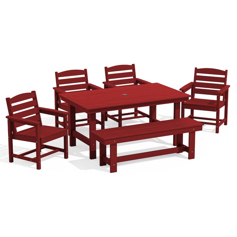 6-Piece HDPE Outdoor Dining Table Sets with Umbrella Hole - 1-Table 4-Chairs-1-Bench
